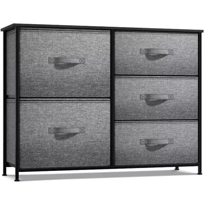 Commode Sorbus à 5 tiroirs – Organisateur de rangement avec cadre en acier, plateau en bois, poignées, bacs en tissu
