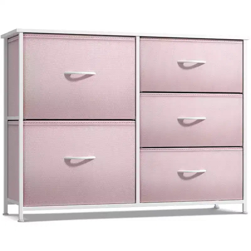 Commode Sorbus à 5 tiroirs – Organisateur de rangement avec cadre en acier, plateau en bois, poignées, bacs en tissu