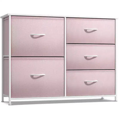 Commode Sorbus à 5 tiroirs – Organisateur de rangement avec cadre en acier, plateau en bois, poignées, bacs en tissu
