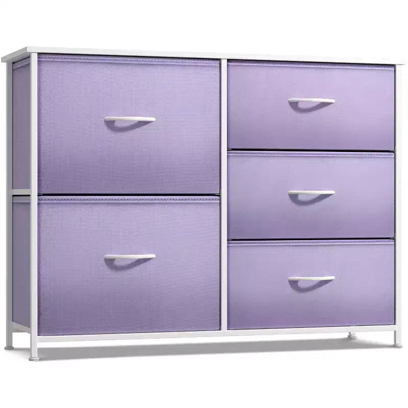Commode Sorbus à 5 tiroirs – Organisateur de rangement avec cadre en acier, plateau en bois, poignées, bacs en tissu