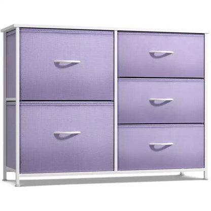 Commode Sorbus à 5 tiroirs – Organisateur de rangement avec cadre en acier, plateau en bois, poignées, bacs en tissu