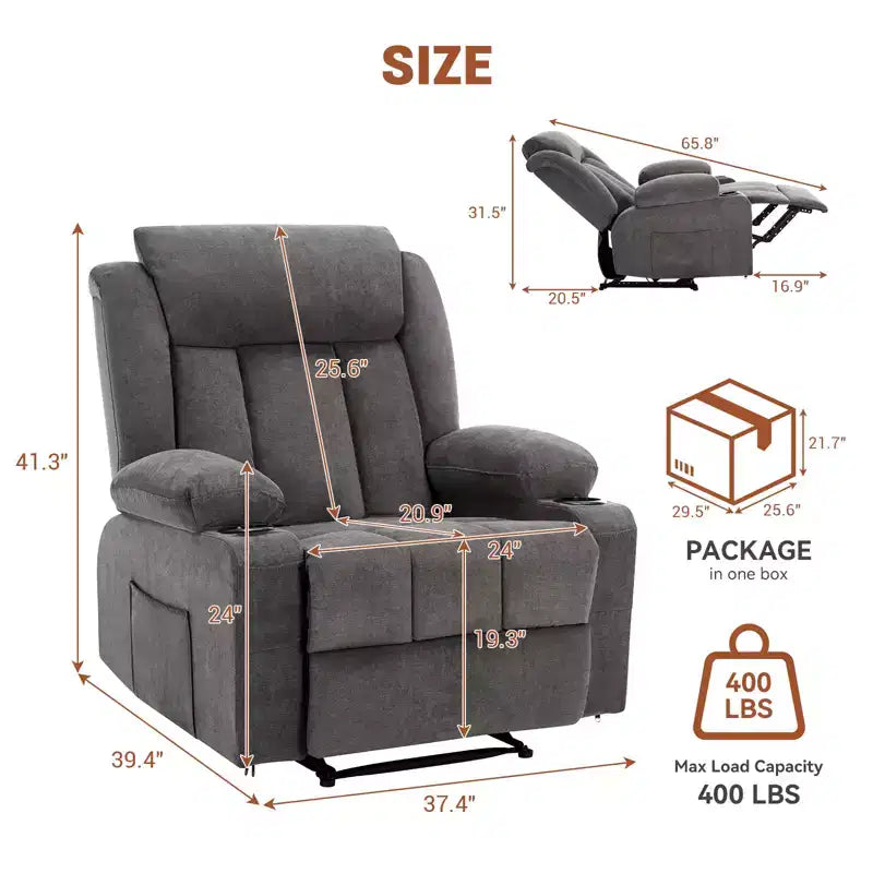 Fauteuil inclinable à bascule de massage, Fauteuil à bascule confortable et rembourré avec poches latérales, poches avant et porte-gobelet, Assemblage facile