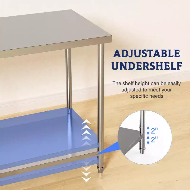 Table en acier inoxydable, table de préparation commerciale en métal robuste avec étagères ouvertes pour cuisines de restaurant, maison, hôtels, préparation des aliments
