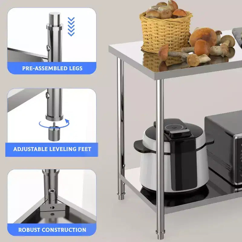 Table en acier inoxydable, table de préparation commerciale en métal robuste avec étagères ouvertes pour cuisines de restaurant, maison, hôtels, préparation des aliments