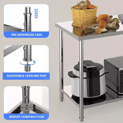 Table en acier inoxydable, table de préparation commerciale en métal robuste avec étagères ouvertes pour cuisines de restaurant, maison, hôtels, préparation des aliments