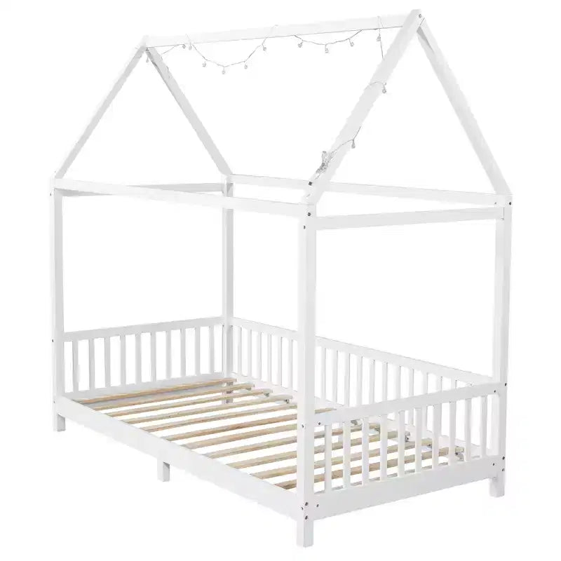 Lit de sol cabane en bois double/complet avec clôture, cadre de lit Montessori avec lumière LED pour enfants filles et garçons