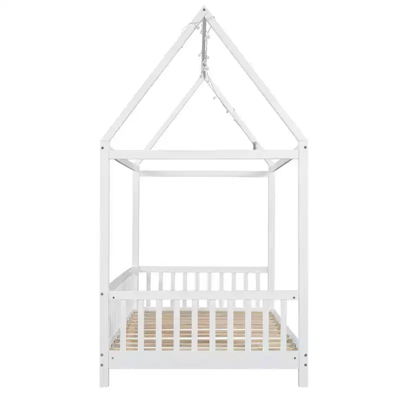Lit de sol cabane en bois double/complet avec clôture, cadre de lit Montessori avec lumière LED pour enfants filles et garçons