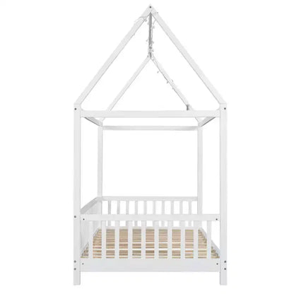 Lit de sol cabane en bois double/complet avec clôture, cadre de lit Montessori avec lumière LED pour enfants filles et garçons
