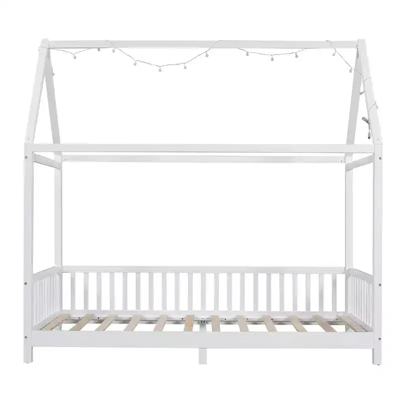 Lit de sol cabane en bois double/complet avec clôture, cadre de lit Montessori avec lumière LED pour enfants filles et garçons