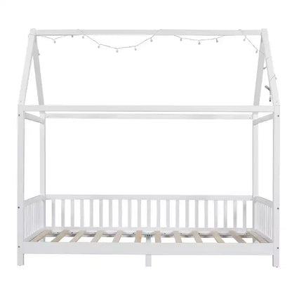 Lit de sol cabane en bois double/complet avec clôture, cadre de lit Montessori avec lumière LED pour enfants filles et garçons
