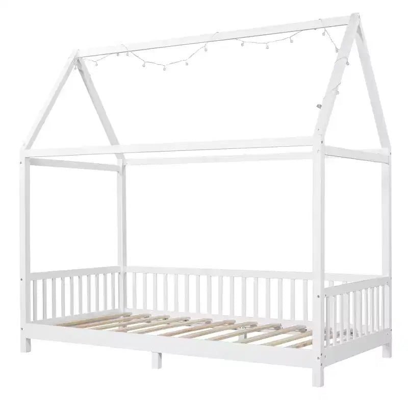 Lit de sol cabane en bois double/complet avec clôture, cadre de lit Montessori avec lumière LED pour enfants filles et garçons