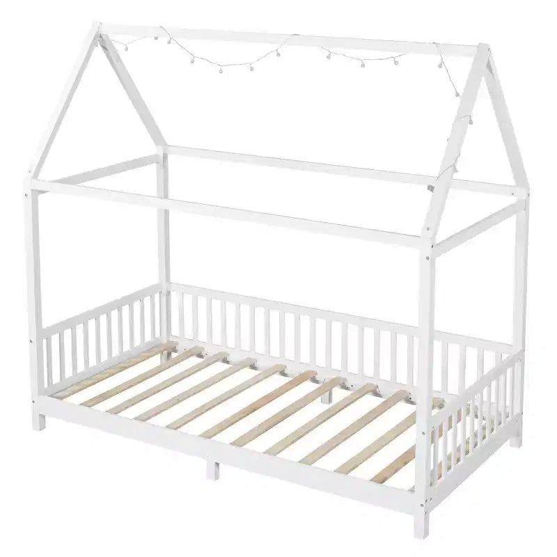 Lit de sol cabane en bois double/complet avec clôture, cadre de lit Montessori avec lumière LED pour enfants filles et garçons