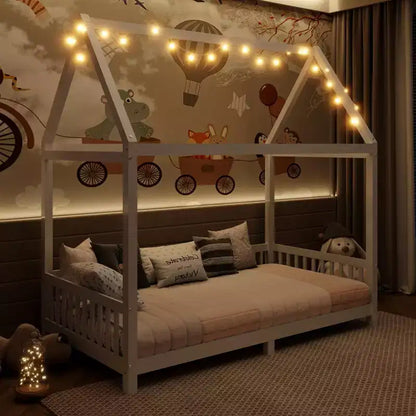 Lit de sol cabane en bois double/complet avec clôture, cadre de lit Montessori avec lumière LED pour enfants filles et garçons