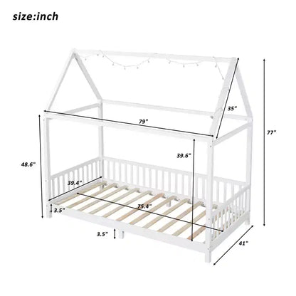 Lit de sol cabane en bois double/complet avec clôture, cadre de lit Montessori avec lumière LED pour enfants filles et garçons