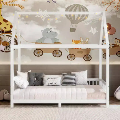 Lit de sol cabane en bois double/complet avec clôture, cadre de lit Montessori avec lumière LED pour enfants filles et garçons