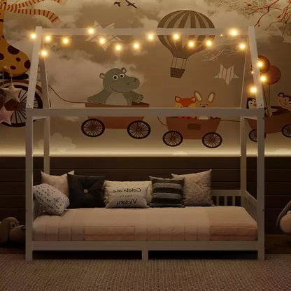 Lit de sol cabane en bois double/complet avec clôture, cadre de lit Montessori avec lumière LED pour enfants filles et garçons