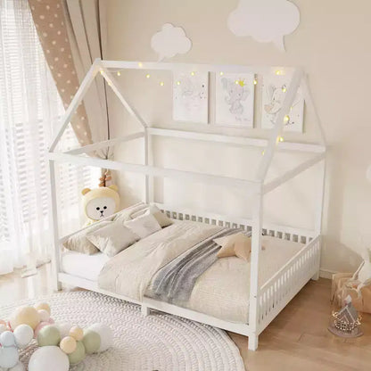 Lit de sol cabane en bois double/complet avec clôture, cadre de lit Montessori avec lumière LED pour enfants filles et garçons
