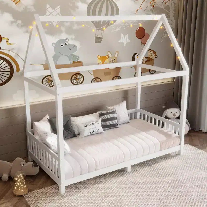 Lit de sol cabane en bois double/complet avec clôture, cadre de lit Montessori avec lumière LED pour enfants filles et garçons