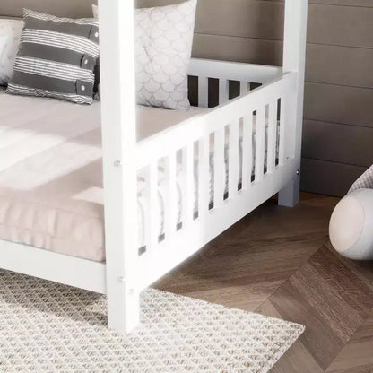 Lit de sol cabane en bois double/complet avec clôture, cadre de lit Montessori avec lumière LED pour enfants filles et garçons