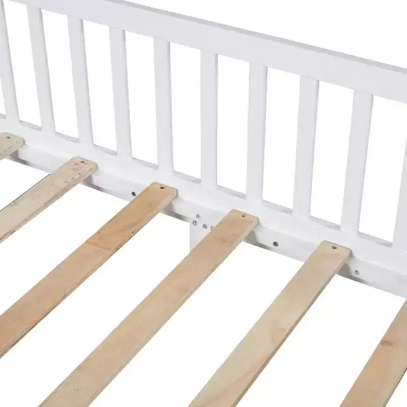 Lit de sol cabane en bois double/complet avec clôture, cadre de lit Montessori avec lumière LED pour enfants filles et garçons