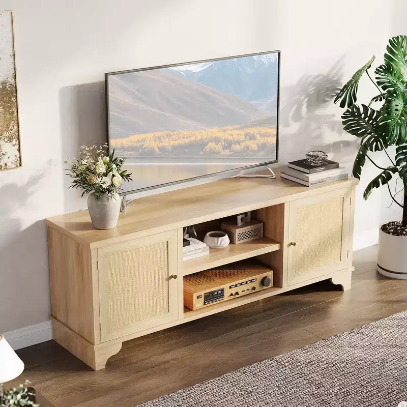 Meuble TV en rotin GustoWave pour téléviseurs jusqu'à 70 pouces, meuble de divertissement bohème avec rangement, table console multimédia en bois pour salon