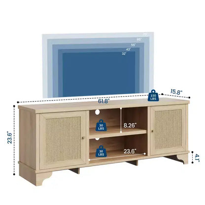 Meuble TV en rotin GustoWave pour téléviseurs jusqu'à 70 pouces, meuble de divertissement bohème avec rangement, table console multimédia en bois pour salon
