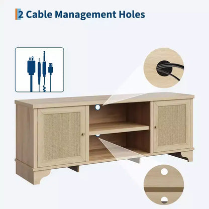 Meuble TV en rotin GustoWave pour téléviseurs jusqu'à 70 pouces, meuble de divertissement bohème avec rangement, table console multimédia en bois pour salon