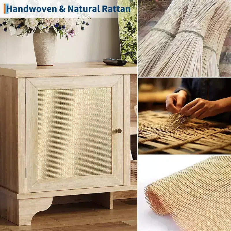 Meuble TV en rotin GustoWave pour téléviseurs jusqu'à 70 pouces, meuble de divertissement bohème avec rangement, table console multimédia en bois pour salon