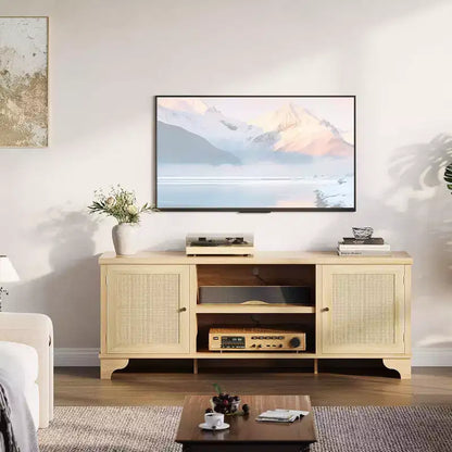 Meuble TV en rotin GustoWave pour téléviseurs jusqu'à 70 pouces, meuble de divertissement bohème avec rangement, table console multimédia en bois pour salon