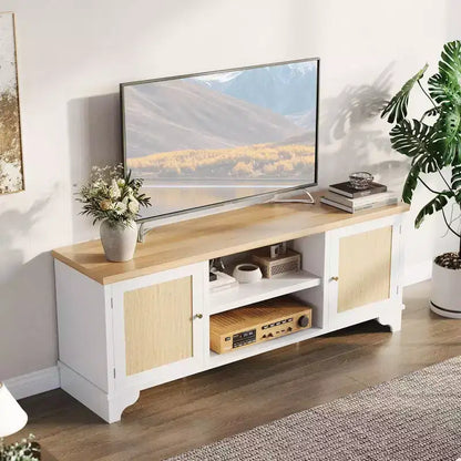 Meuble TV en rotin GustoWave pour téléviseurs jusqu'à 70 pouces, meuble de divertissement bohème avec rangement, table console multimédia en bois pour salon