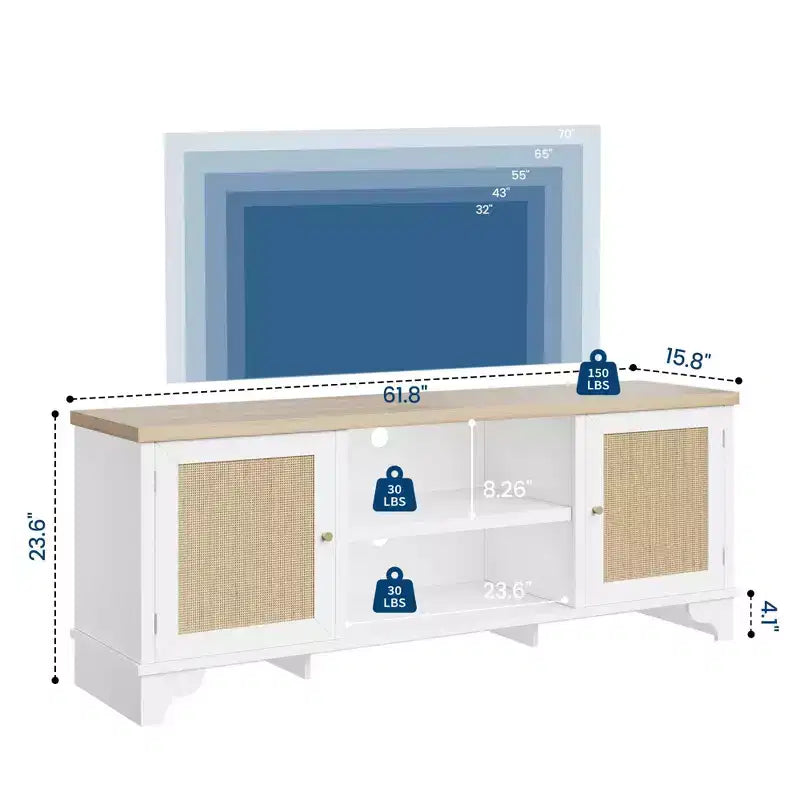 Meuble TV en rotin GustoWave pour téléviseurs jusqu'à 70 pouces, meuble de divertissement bohème avec rangement, table console multimédia en bois pour salon