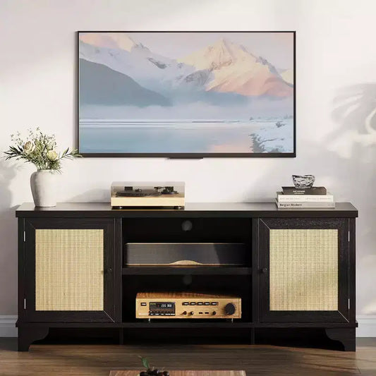 Meuble TV en rotin GustoWave pour téléviseurs jusqu'à 70 pouces, meuble de divertissement bohème avec rangement, table console multimédia en bois pour salon