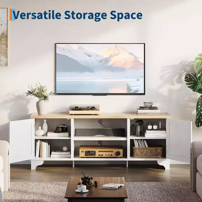 Meuble TV en rotin GustoWave pour téléviseurs jusqu'à 70 pouces, meuble de divertissement bohème avec rangement, table console multimédia en bois pour salon