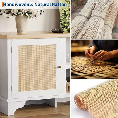 Meuble TV en rotin GustoWave pour téléviseurs jusqu'à 70 pouces, meuble de divertissement bohème avec rangement, table console multimédia en bois pour salon