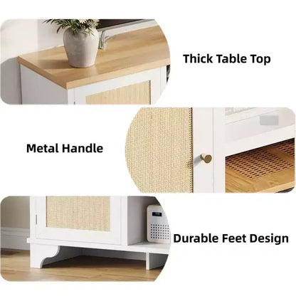 Meuble TV en rotin GustoWave pour téléviseurs jusqu'à 70 pouces, meuble de divertissement bohème avec rangement, table console multimédia en bois pour salon