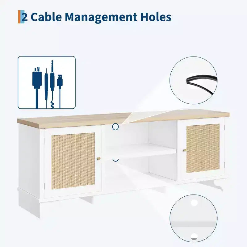 Meuble TV en rotin GustoWave pour téléviseurs jusqu'à 70 pouces, meuble de divertissement bohème avec rangement, table console multimédia en bois pour salon