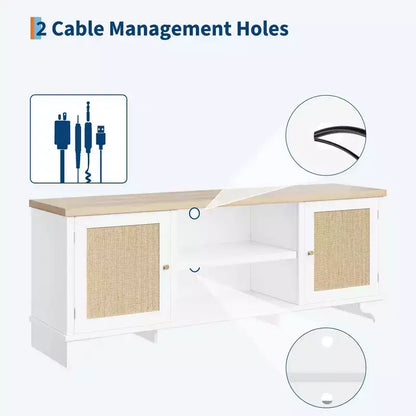 Meuble TV en rotin GustoWave pour téléviseurs jusqu'à 70 pouces, meuble de divertissement bohème avec rangement, table console multimédia en bois pour salon