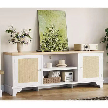 Meuble TV en rotin GustoWave pour téléviseurs jusqu'à 70 pouces, meuble de divertissement bohème avec rangement, table console multimédia en bois pour salon