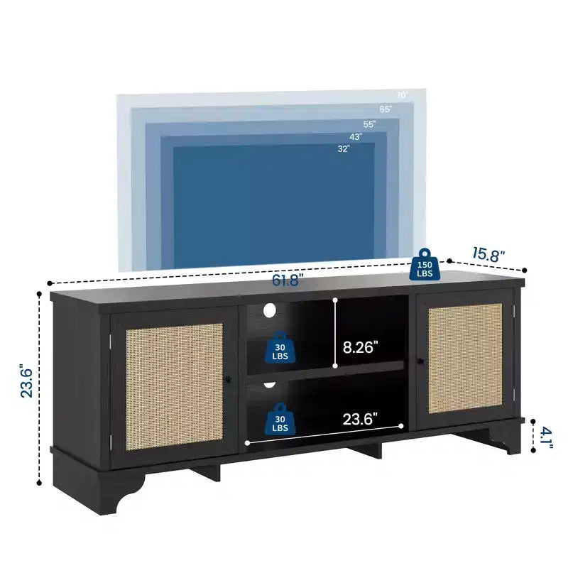 Meuble TV en rotin GustoWave pour téléviseurs jusqu'à 70 pouces, meuble de divertissement bohème avec rangement, table console multimédia en bois pour salon