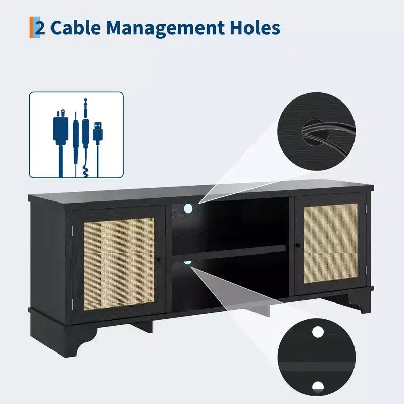 Meuble TV en rotin GustoWave pour téléviseurs jusqu'à 70 pouces, meuble de divertissement bohème avec rangement, table console multimédia en bois pour salon