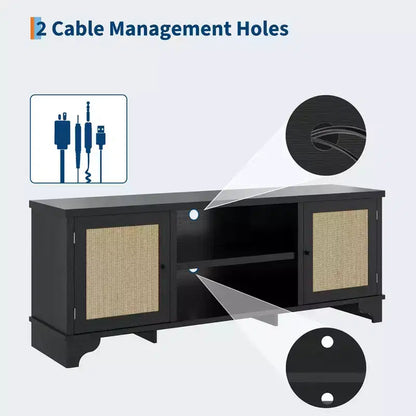 Meuble TV en rotin GustoWave pour téléviseurs jusqu'à 70 pouces, meuble de divertissement bohème avec rangement, table console multimédia en bois pour salon