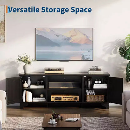 Meuble TV en rotin GustoWave pour téléviseurs jusqu'à 70 pouces, meuble de divertissement bohème avec rangement, table console multimédia en bois pour salon