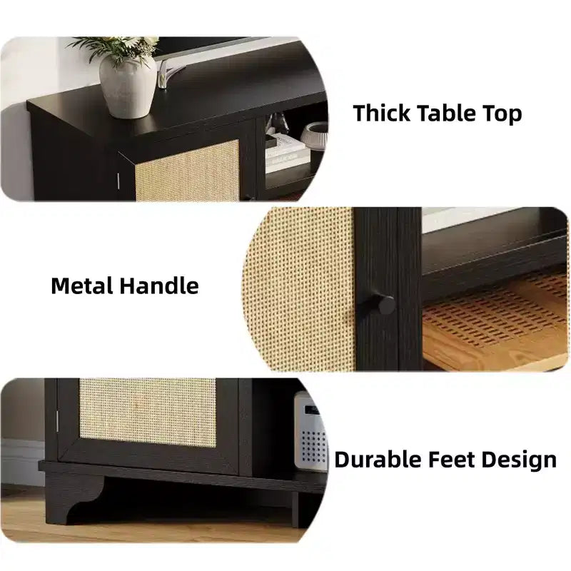 Meuble TV en rotin GustoWave pour téléviseurs jusqu'à 70 pouces, meuble de divertissement bohème avec rangement, table console multimédia en bois pour salon