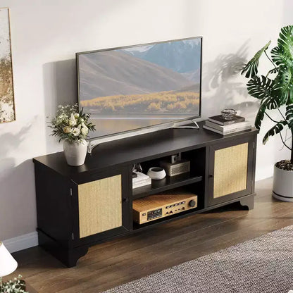 Meuble TV en rotin GustoWave pour téléviseurs jusqu'à 70 pouces, meuble de divertissement bohème avec rangement, table console multimédia en bois pour salon
