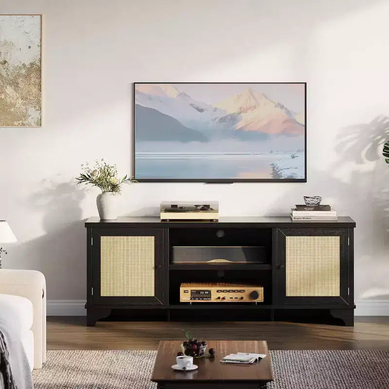 Meuble TV en rotin GustoWave pour téléviseurs jusqu'à 70 pouces, meuble de divertissement bohème avec rangement, table console multimédia en bois pour salon