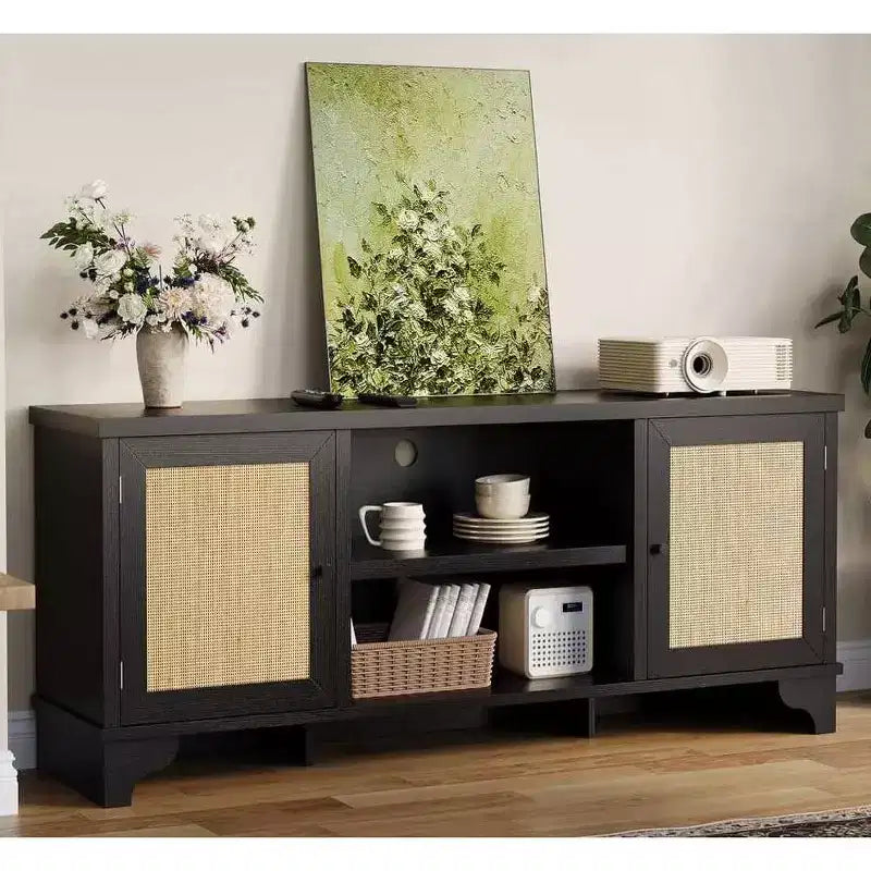 GustoWave Rattan TV Stand Fits TVs Up to 70 Inches, Boho Entertainment Center with Storage, Wooden Media Console Table for Living Room