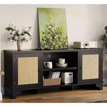GustoWave Rattan TV Stand Fits TVs Up to 70 Inches, Boho Entertainment Center with Storage, Wooden Media Console Table for Living Room