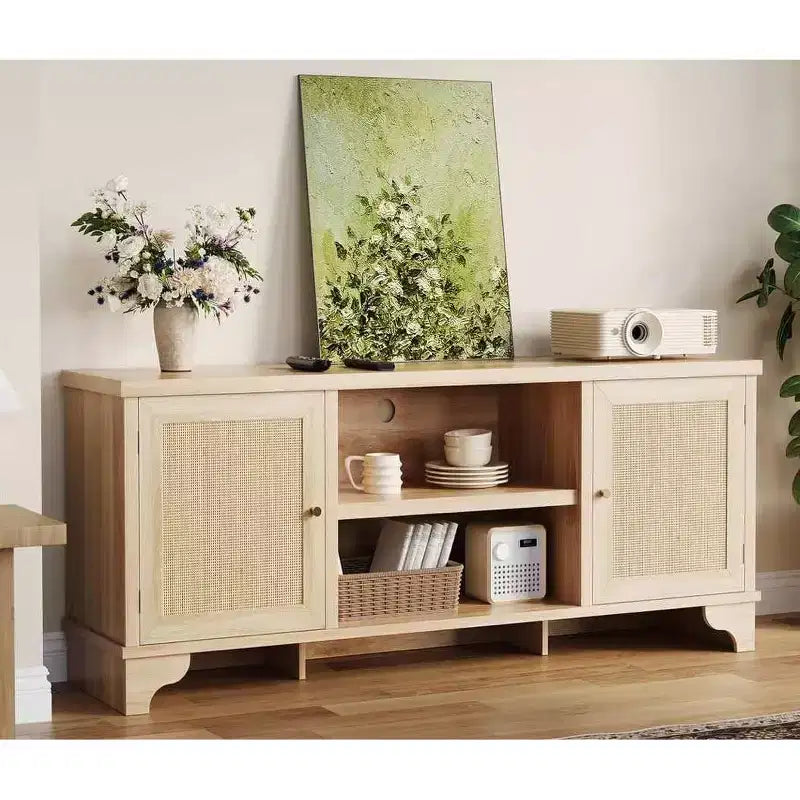 Meuble TV en rotin GustoWave pour téléviseurs jusqu'à 70 pouces, meuble de divertissement bohème avec rangement, table console multimédia en bois pour salon