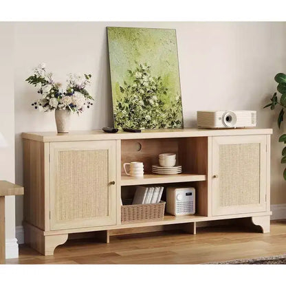 Meuble TV en rotin GustoWave pour téléviseurs jusqu'à 70 pouces, meuble de divertissement bohème avec rangement, table console multimédia en bois pour salon