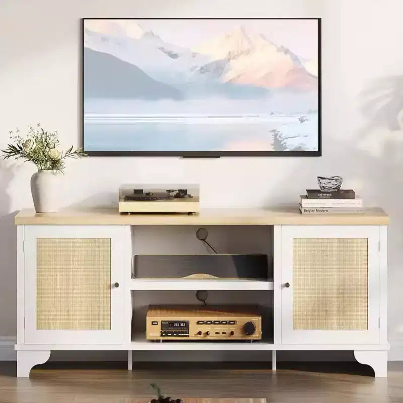 Meuble TV en rotin GustoWave pour téléviseurs jusqu'à 70 pouces, meuble de divertissement bohème avec rangement, table console multimédia en bois pour salon